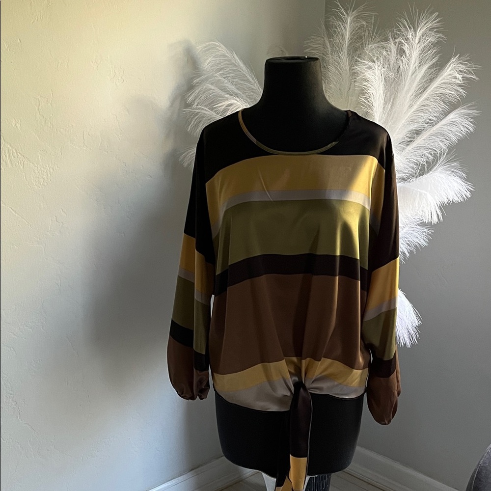 cha cha vente Striped Tie-Front Long Sleeve Top in Mustard, Brown & Olive